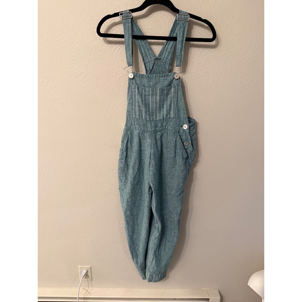 Goddess Gear Blue-green Linen Blend Striped Bib Overalls Jumpsuit Womens Xs/S